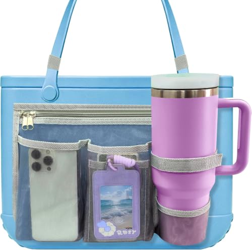 Mesh Pouch Organizer for XL Bogg Bag & Simple Modern Bag - Bogg Bag Accessories with Cup & Phone Holder Compatible with 30/40 oz Stanley, Fit XL Bog Beach Rubber Tote Bag, Gray