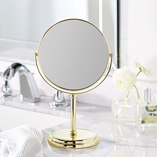 Amazon Basics Tabletop Magnifying Mount Vanity Round Mirror, 1X/5X Magnification, Iron Frame, 7.2"L x 4.92"W, Gold