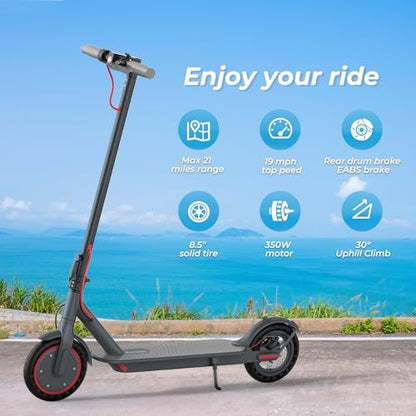 Electric Scooter - 8.5" Solid Tires, 350W Motor, Up to 19 MPH and 21 Miles Long-Range Portable Foldable Commuting Scooter for Adults with Double Braking System and App