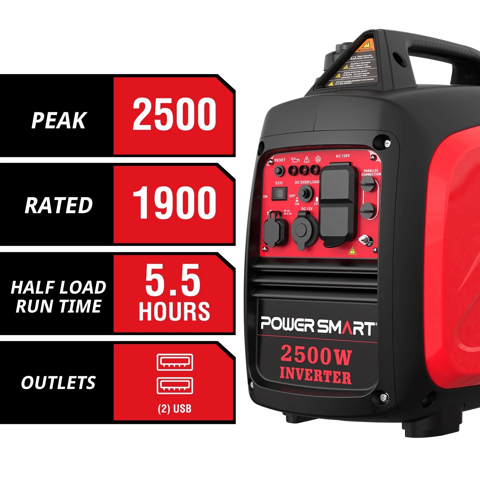 PowerSmart 2500W Portable Inverter Gas Generator,Super Quiet,Low Oil Shutdown,Ultra Lightweight for Camping