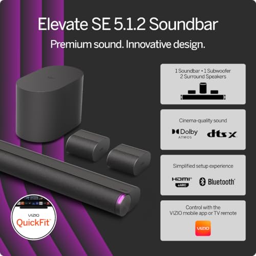 VIZIO 5.1.2 Elevate SE Soundbar, Wireless Subwoofer, Surround Sound w/Dolby Atmos & DTS:X, Bluetooth Speaker, QuickFit™ Compatible – SL512X-08 (New, 2024 Model)