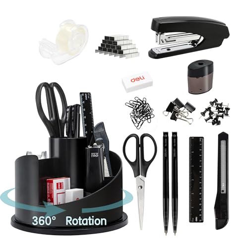 deli Office Supplies Set, Desk Accessory Organizer Kit, Black | Stationary Set, Desk Supplies with Rotating Multi-Functional Pen Holder &Stapler Set for Office, School, Home