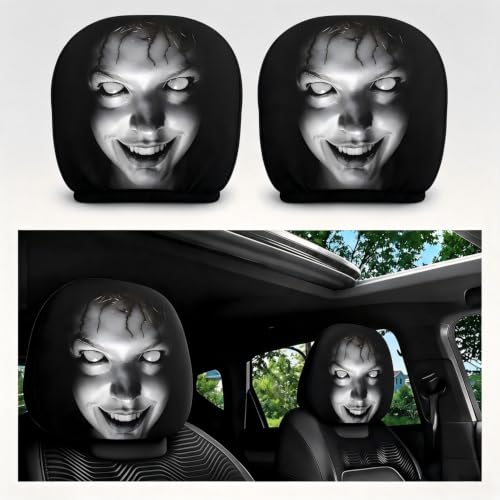 Wofgdo Ghost Face Car Headrest Covers, 2PCS Universal Elastic Halloween Spooky Print Headrest Protector, Scary Ghost Face Pattern, Funny Decorative Car Interior Accessories for Car SUV Sedan Truck