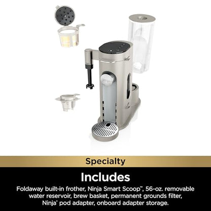 Ninja Pod & Grounds Specialty Single-Serve Coffee Maker, K-Cup Pod Compatible, Brews Grounds, Compact Design, Built-In Milk Frother, 56-oz. Reservoir, 6-oz. Cup to 24-oz. Mug Sizes, Stone, PB051ST