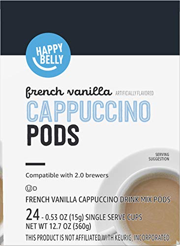 Amazon Brand - Happy Belly Cappuccino Coffee Pods Light Roast Compatible with 2.0 K-Cup Brewers, French Vanilla Flavored, 24 Count, 1.5 pound (Pack of 1)