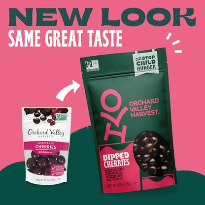 Orchard Valley Harvest Dark Chocolate Dipped Cherries, 8 oz (Pack of 1), Made With Real Cherries, Gluten Free, Non-GMO, No Artificial Colors, Resealable Bag, Snacks for Adults & Kids