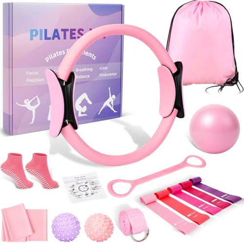 Pilates Ring and Ball Set for Women, Home Workout Pilates Kit, Magic Circle Hoop with 5 Resistance Bands, Pilates Equipment Fitness Essentials Starter Set Accessories (Pink)
