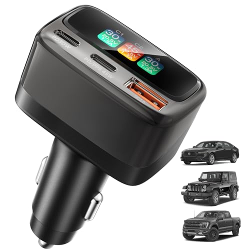 105W USB C Car Charger with Digital Color Display, 3-Port Fast Charging Cigarette Lighter Adapter for iPhone 17/16/15 Pro Max, Samsung S26, Travel Car Accessories Gifts for Men Women + 3FT USB-C Cable