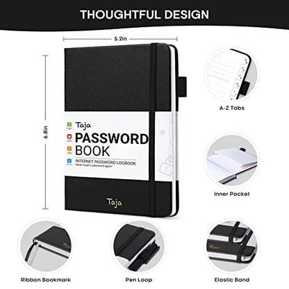 Taja Password Keeper Book with Alphabetical Tabs，Small Password Books for Seniors, Password Notebook for Internet Website Address Log in Detail, Password Logbook to Help You Stay Organized - Black