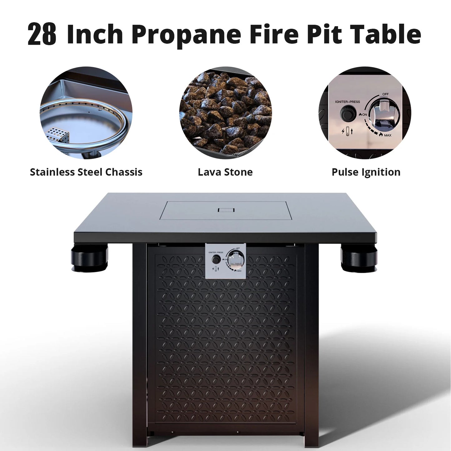 28 Inch Propane Fire Pits with Lid and Lava Rock, 50000 BTU Steel Gas Fire Pit Table for Outdoor