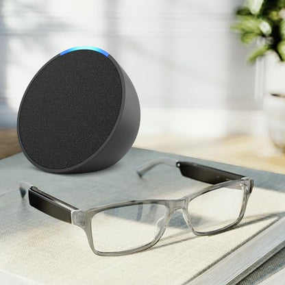 Amazon Echo Frames (3rd Gen) + Echo Pop | Smart glasses with Alexa | Modern Rectangle frames in Charcoal Gray with prescription ready lenses