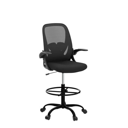 Primy Drafting Chair Tall Office Chair with Flip-up Armrests Executive Ergonomic Computer Standing Desk Chair with Lumbar Support and Adjustable Footrest Ring (Black)