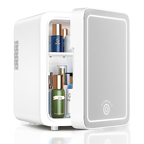 Skincare Fridge With Dimmable LED Light Mirror, 4L Makeup Mini Fridge for Bedroom, Car, Office & Dorm, Cooler & Warmer, Portable Small Refrigerator for Cosmetics, Skin Care and Food, White