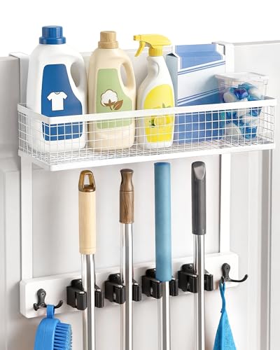 Lorbro Over the Door Broom and Mop Holder with Basket, 4 Grips and 4 Hooks
