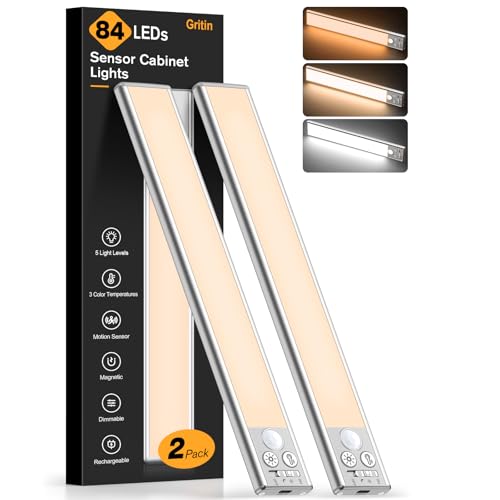 Gritin 10.2inch Under Cabinet Lighting Rechargeable 2 Pack - 3 Color Temps and 5 Level Brightness, Super Bright, 4 Modes, Motion Sensor, Long Lasting - Easy Installation Magnetic Under Closet Lights
