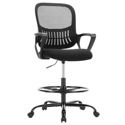 DUMOS Ergonomic Drafting Chair, Tall Office Chair for Standing Desk | Comfortable Lumbar Support, Counter Height Adjustable, Fixed Armrests, High Desk, Bedroom, Livingroom, Ink