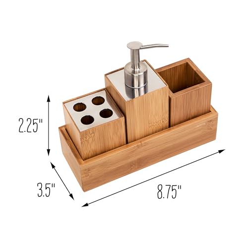 Honey-Can-Do Bamboo Bathroom Accessories Set - 4-Piece Bath Set with Toothbrush Holder, Soap Dispenser, Storage Container, Organiser Tray - Natural Wood BTH-06900