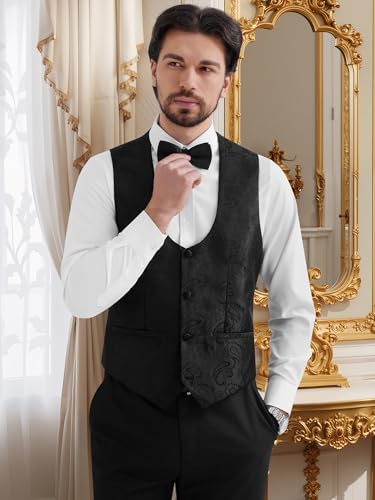 MAGE MALE Mens 3 Piece Floral Tuxedo Suits Slim Fit Paisley Shawl Lapel Suit for Dinner Prom Wedding Black
