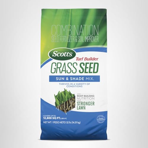 Scotts Turf Builder Grass Seed Sun and Shade Mix - Grass Seed Plus Lawn Fertilizer and Soil Improver, Covers Up To 12,800 sq. ft., 32 lb.