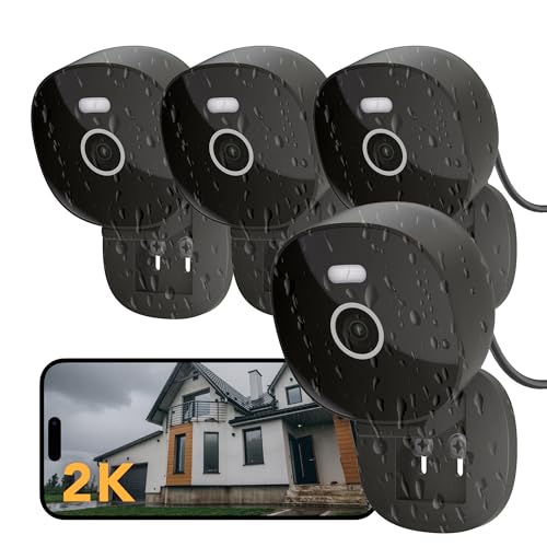 FAMVIVA 2K Wired Security Camera, Indoor/Outdoor for Home, Pet, Baby, Nanny, IP65 Waterproof Color Night Vision, White Light & Siren, Recording, Motion Detection, Works with Alexa,Pulg in, Black-4P