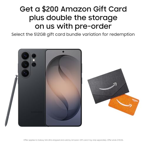 Samsung Galaxy S26 Ultra, Unlocked Android Smartphone + $200 Gift Card, 512GB, Privacy Display, Galaxy AI, AI Camera, Super Fast Charging 3.0, Durable Battery, 2026, Black