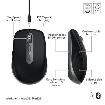 Logitech MX Anywhere 3S Mac Compact Wireless Mouse 8K DPI - Space Grey