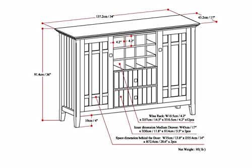SIMPLIHOME Bedford Buffet - 54 inch Wide Solid Wood 3-Door Sideboard Buffet with Wine Rack in White, Transitional Cabinet for Dining Room or Kitchen with Adjustable Shelves