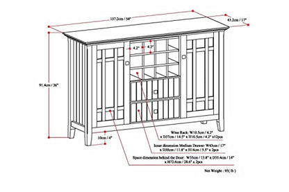 SIMPLIHOME Bedford Buffet - 54 inch Wide Solid Wood 3-Door Sideboard Buffet with Wine Rack in White, Transitional Cabinet for Dining Room or Kitchen with Adjustable Shelves