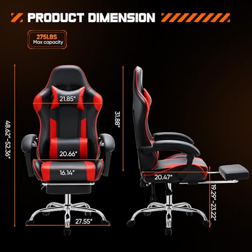 Sweetcrispy Video Game Desk Chair - Ergonomic Computer with Footrest and Comfy Lumbar Support, PU Leather Recliner with Headrest, Fixed Up Armrest, Height Adjustable with 360° Swivel, for Adults, Red