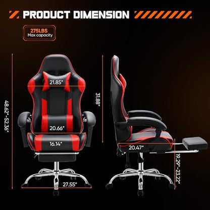 Sweetcrispy Video Game Desk Chair - Ergonomic Computer with Footrest and Comfy Lumbar Support, PU Leather Recliner with Headrest, Fixed Up Armrest, Height Adjustable with 360° Swivel, for Adults, Red