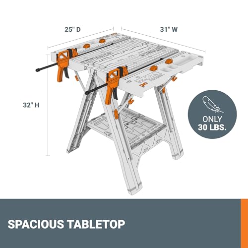 Worx Pegasus 2-in-1 Folding Work Table & Sawhorse, Easy Setup Portable Workbench, 31" W x 25" D x 32" H Lightweight Worktable with Heavy-Duty Load Capacity, WX051 - Includes 2 Clamps & 4 Clamp Dogs