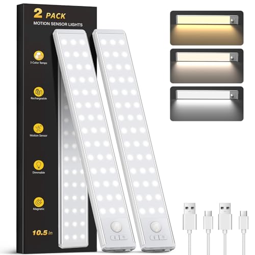 10.5" Under Cabinet Lighting, Wireless Motion Sensor Light Indoor with 3 Color Temps, Magnetic Closet Light, Dimmable Led Light, Rechargeable Under Counter Lights for Kitchen, Bedroom, Stair, 2 Pack