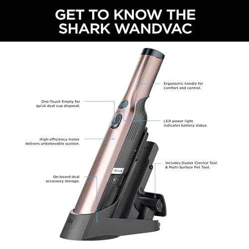 Shark WANDVAC Cordless Hand Vac, Lightweight, Portable at 1.4 lbs., Powerful Suction, Charging Dock, One-Touch Empty for Car & Home, Multi-Surface Pet Tool & Duster Crevice Tool, Rose Gold, WV201RGBRN