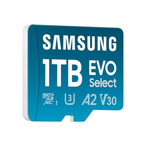 SAMSUNG EVO Select microSD Memory Card + Adapter, 1TB microSDXC, Up to 160 MB/s, UHS I, C10, U3, V30, A2, for Mobile Phone, Smartphones, Nintendo-Switch, and Tablets (MB-ME1T0SA/AM)