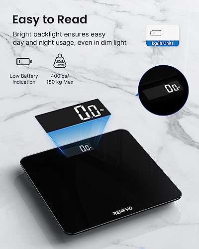 RENPHO Digital Bathroom Scale, Highly Accurate Body Weight Scale with Backlit LED Display, Measures Weight up to 400 lb/180kg, Batteries Included, Black-Core 1S