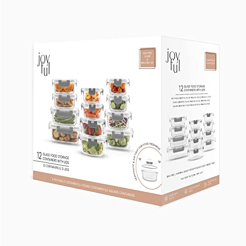 JoyJolt JoyFul 24pc Borosilicate Glass Storage Containers with Lids. 12 Airtight, Freezer Safe Food Storage Containers, Pantry Kitchen Storage Containers, Glass Meal Prep Container for Lunch