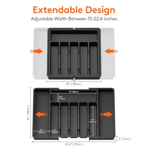 Lifewit Silverware Drawer Organizer, Expandable Utensil Tray for Kitchen, BPA Free Flatware and Cutlery Holder, Adjustable Plastic Storage for Spoons Forks Knives, Large, Black