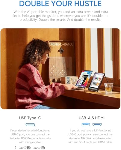ARZOPA Portable Monitor 15.6'' FHD 1080P - Ultra-Slim Portable Laptop Monitor with Kickstand - IPS Display for PC, MAC, Phone, Xbox, PS5 - USB C & HDMI Connectivity - A1
