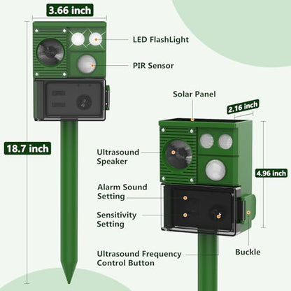 Solar Ultrasound Animal Repellent Outdoor, Deer Repellent Devices Skunk Repellent with Motion Detector & Flashing Light, Waterproof Raccoon Repeller, Cat Squirrel Rabbit Rat Repeller for Yard (Green)
