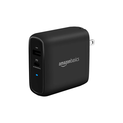 Amazon Basics 68W Two-Port GaN Wall Charger with 1 USB-C (60W) & 1 USB-A Ports (18W) with PD for Laptops, Tablets & Phones (iPhone 16/15/14/13/12/11/X, iPad, MacPro, Samsung, and more), Non-PPS, Black