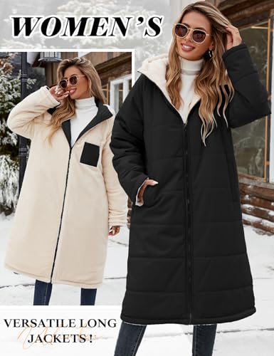 Yusongirl Womens Winter Long Coats Trendy Puffer Jacket Sherpa Fleece Lined Down Coat Long Sleeve Parka Oversized with Hood