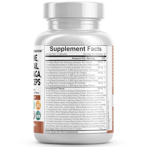 Clean Nutraceuticals Lions Mane 3000mg 20in1 Mushroom Supplement with Turkey Tail 2000mg Reishi 1000mg Cordyceps Chaga 1000mg Maitake Meshima Poria Cocos Shiitake Oyster Porcini Enoki 60 Count