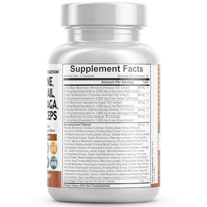 Clean Nutraceuticals Lions Mane 3000mg 20in1 Mushroom Supplement with Turkey Tail 2000mg Reishi 1000mg Cordyceps Chaga 1000mg Maitake Meshima Poria Cocos Shiitake Oyster Porcini Enoki 60 Count