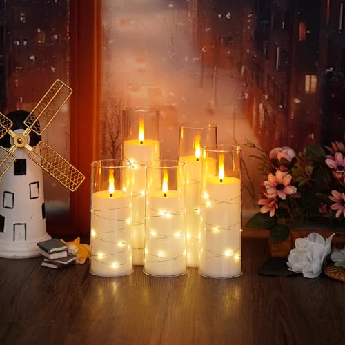 kakoya Flameless LED Candles with Timer 5 Pc Flickering Flameless Candles for Romantic Ambiance and Home Decoration Stable Acrylic Shell,with Embedded Star String，Battery Operated Candles（White）