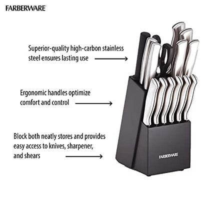 FARBERWARE 15-Piece Kitchen Knife Set with High-Carbon Stainless Steel Blades, Black Handles, Steak Knives, Wood Block, Razor Sharp and Ergonomic