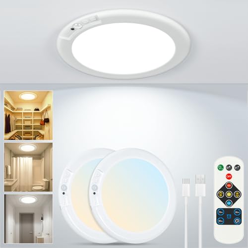 Rodalims Rechargeable Ceiling Light No Wiring - Motion Sensor Night Light Indoor with Remote, Battery Operated Led Lights for Bedroom Hallway, Living Room, Bathroom, Home & Kitchen Decor Lighting (2)