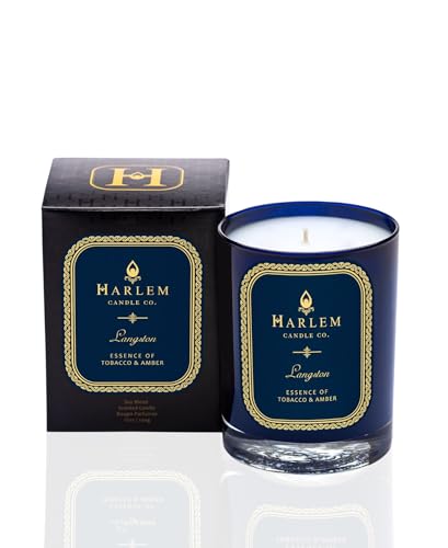 Harlem Candle Company Langston Luxury Candle, 11 oz Blue Glass Jar, Double Wick, Soy Wax, Gift Box, Jasmine, Sandalwood, Nutmeg, Cloves, Vanilla, Leather, and Amber