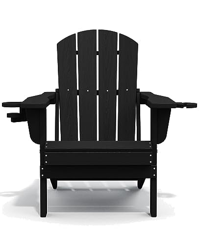 SERWALL HDPE Folding Adirondack Chair with Dual Cup Holder - Composite Adirondack Chair Set of 4- Black