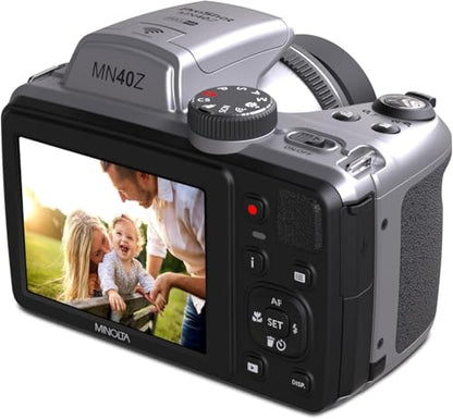 Minolta MN40Z 20MP Digital Camera – 40x Optical Zoom, 1080p FHD Video, 3.0" LCD, Wi-Fi, Face/Smile/Blink Detection – Silver