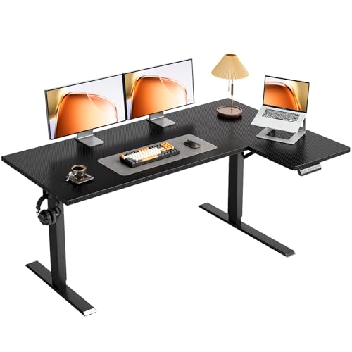 OffiGo Electric L Shaped Standing Desk, 55 Inches Height Adjustable Table, Reversiable Corner Stand Up Desk, Lifting Computer Table for Home Office, Computer Workstation, Carbon Fiber Black